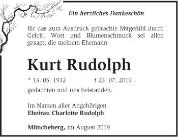 Traueranzeige von Kurt Rudolph von Märkische Oderzeitung