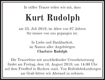 Traueranzeige von Kurt Rudolph von Märkische Oderzeitung