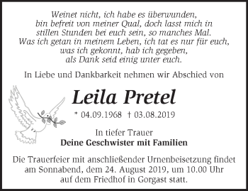 Traueranzeige von Leila Pretel von Märkische Oderzeitung