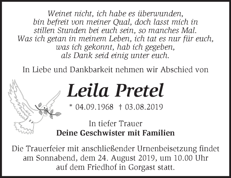  Traueranzeige für Leila Pretel vom 17.08.2019 aus Märkische Oderzeitung
