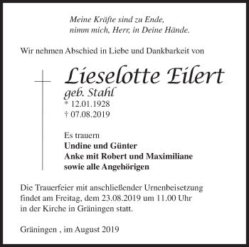 Traueranzeige von Lieselotte Eilert von Märkische Oderzeitung