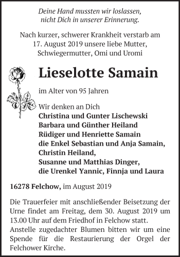 Traueranzeige von Lieselotte Samain von Märkische Oderzeitung