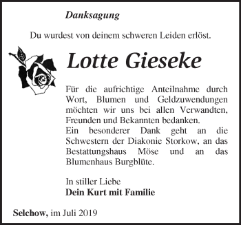 Traueranzeige von Lotte Gieseke von Märkische Oderzeitung