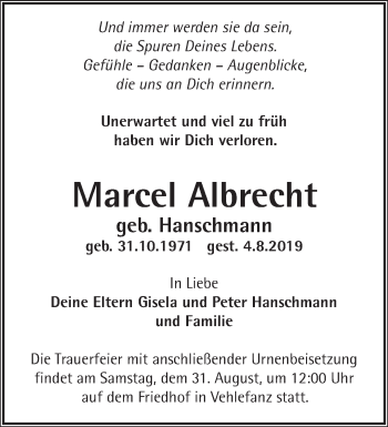 Traueranzeige von Marcel Albrecht von Märkische Oderzeitung