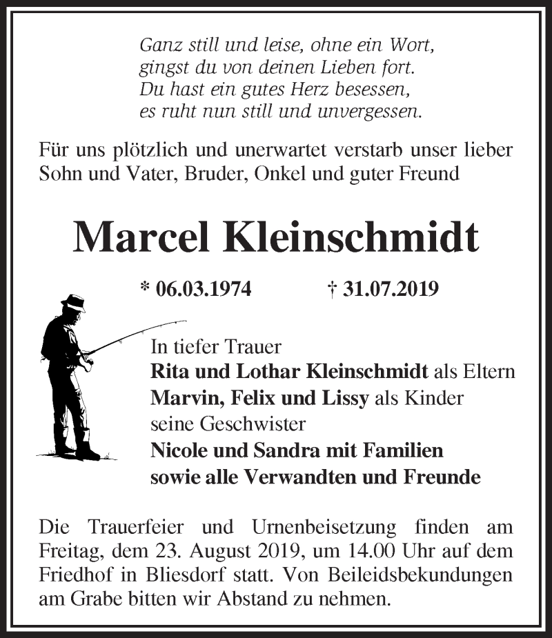  Traueranzeige für Marcel Kleinschmidt vom 21.08.2019 aus Märkische Oderzeitung