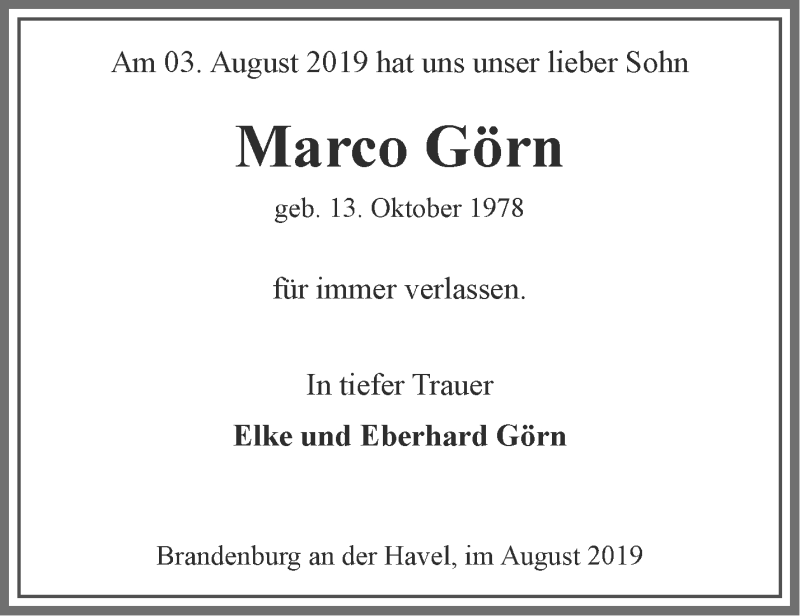  Traueranzeige für Marco Görn vom 11.08.2019 aus Märkische Oderzeitung