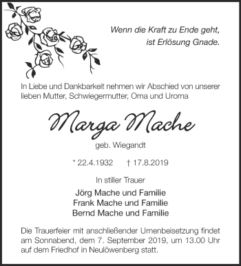 Traueranzeige von Marga Mache von Märkische Oderzeitung