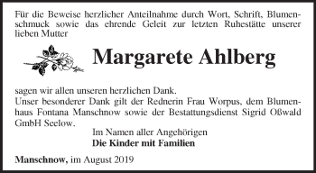 Traueranzeige von Margarete Ahlberg von Märkische Oderzeitung