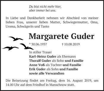 Traueranzeige von Margarete Guder von Märkische Oderzeitung