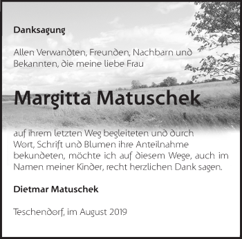 Traueranzeige von Margitta Matuschek von Märkische Oderzeitung