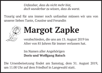 Traueranzeige von Margot Zapke von Märkische Oderzeitung