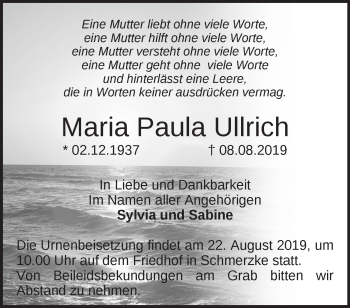 Traueranzeige von Maria Paula Ullrich von Märkische Oderzeitung