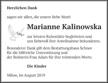 Traueranzeige von Marianne Kalinowska von Märkische Oderzeitung