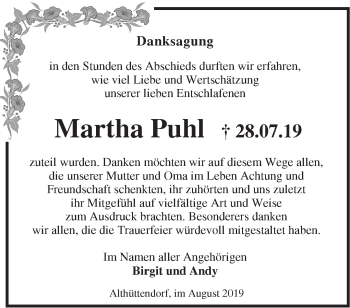 Traueranzeige von Martha Puhl von Märkische Oderzeitung