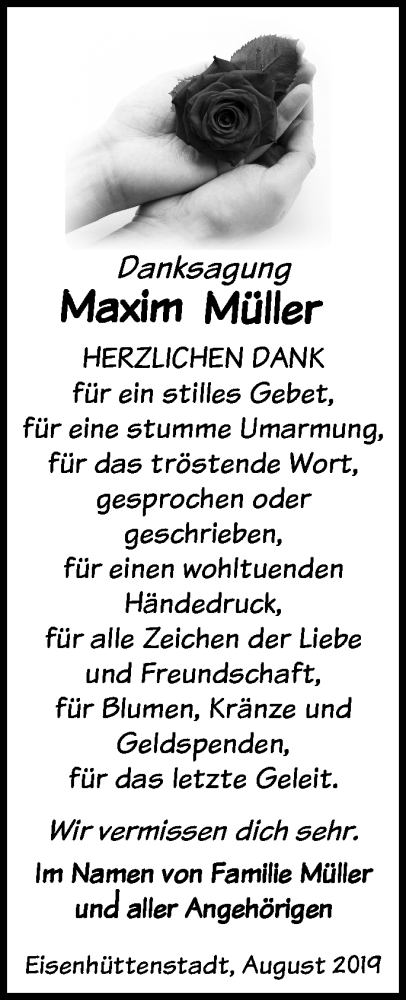  Traueranzeige für Maxim Müller vom 24.08.2019 aus Märkische Oderzeitung