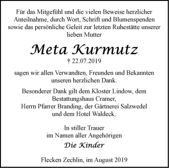 Traueranzeige von Meta Kurmutz von Märkische Oderzeitung