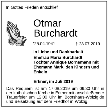 Traueranzeige von Otmar Burchardt von Märkische Oderzeitung