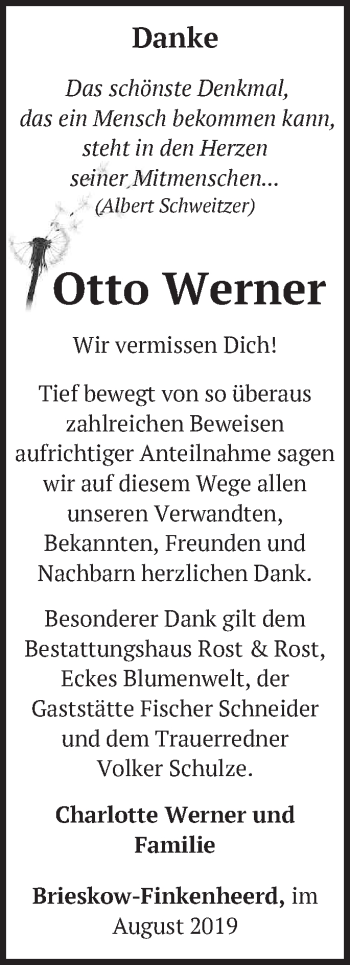 Traueranzeige von Otto Werner von Märkische Oderzeitung