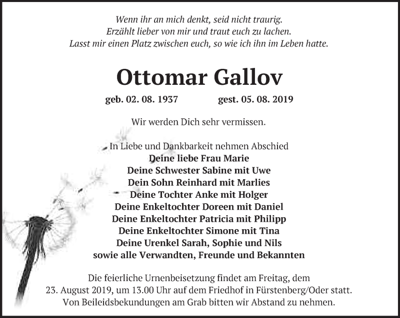  Traueranzeige für Ottomar Gallov vom 14.08.2019 aus Märkische Oderzeitung