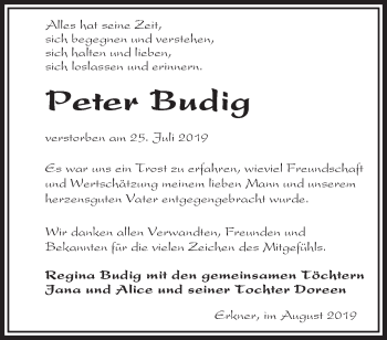 Traueranzeige von Peter Budig von Märkische Oderzeitung