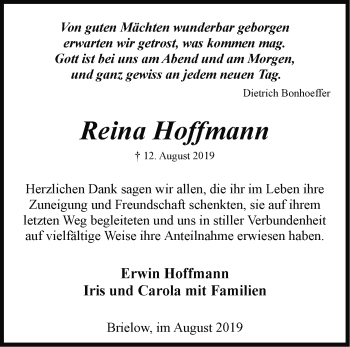 Traueranzeige von Reina Hoffmann von Märkische Oderzeitung