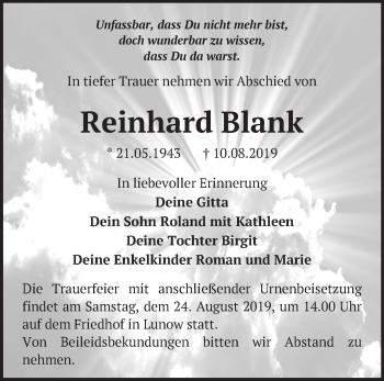 Traueranzeige von Reinhard Blank von Märkische Oderzeitung