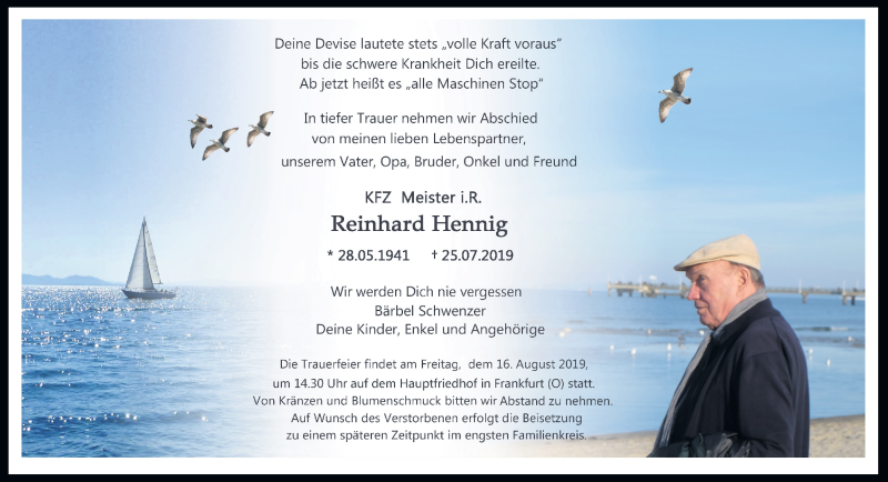  Traueranzeige für Reinhard Hennig vom 03.08.2019 aus Märkische Oderzeitung