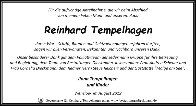  Traueranzeige für Reinhard Tempelhagen vom 11.08.2019 aus Märkische Oderzeitung