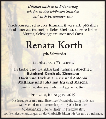 Traueranzeige von Renata Korth von Märkische Oderzeitung