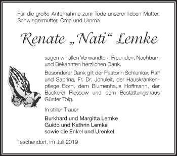 Traueranzeige von Renate Lemke von Märkische Oderzeitung