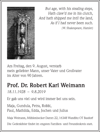 Traueranzeige von Robert Karl Weimann von Märkische Oderzeitung