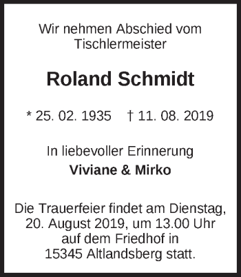 Traueranzeige von Roland Schmidt von Märkische Oderzeitung