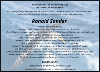 Traueranzeige von Ronald Sander von Märkische Oderzeitung