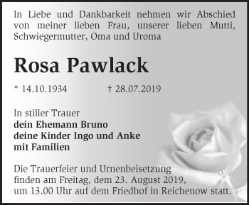 Traueranzeige von Rosa Pawlack von Märkische Oderzeitung