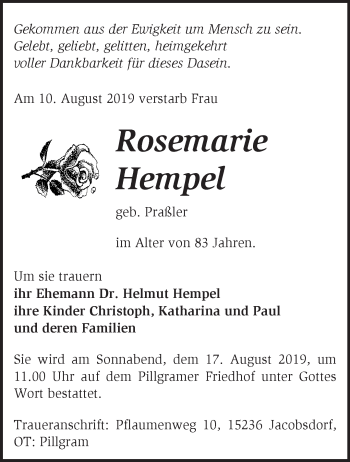 Traueranzeige von Rosemarie Hempel von Märkische Oderzeitung