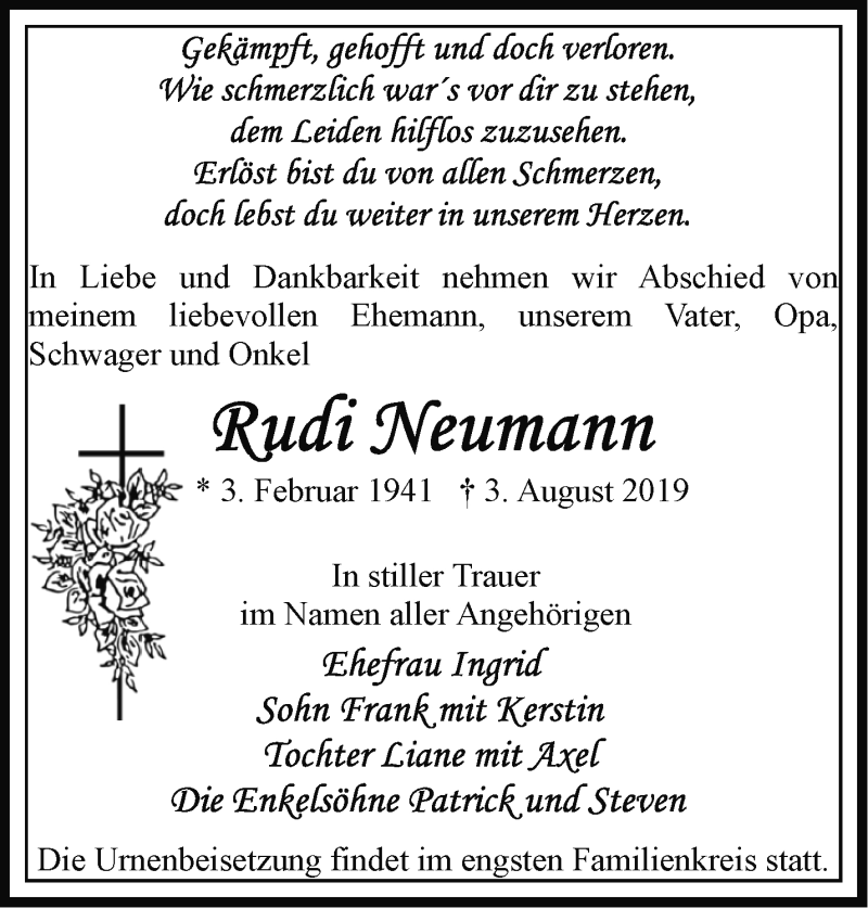  Traueranzeige für Rudi Neumann vom 10.08.2019 aus Märkische Oderzeitung