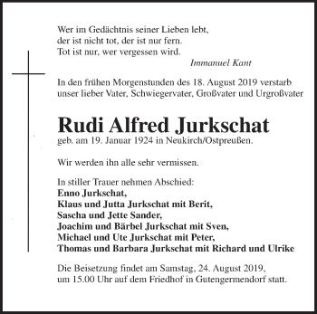 Traueranzeige von Rudi Alfred Jurkschat von Märkische Oderzeitung