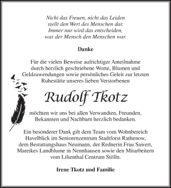 Traueranzeige von Rudolf Tkotz von Märkische Oderzeitung