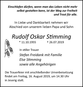 Traueranzeige von Rudolf Oskar Stimming von Märkische Oderzeitung