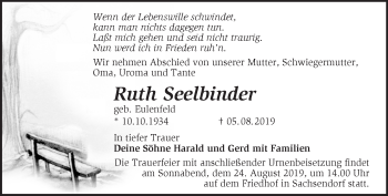 Traueranzeige von Ruth Seelbinder von Märkische Oderzeitung