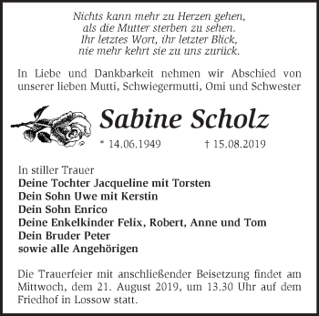 Traueranzeige von Sabine Scholz von Märkische Oderzeitung