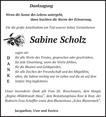 Traueranzeige von Sabine Scholz von Märkische Oderzeitung