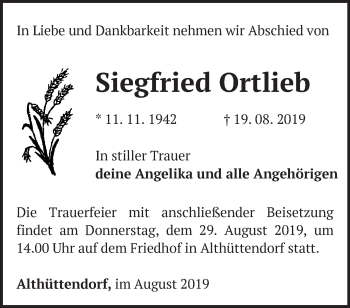 Traueranzeige von Siegfried Ortlieb von Märkische Oderzeitung