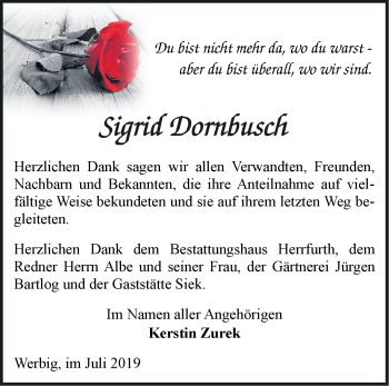 Traueranzeige von Siegrid Dornbusch von Märkische Oderzeitung