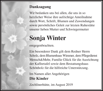 Traueranzeige von Sonja Winter von Märkische Oderzeitung