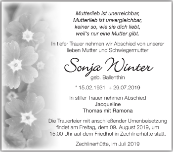 Traueranzeige von Sonja Winter von Märkische Oderzeitung