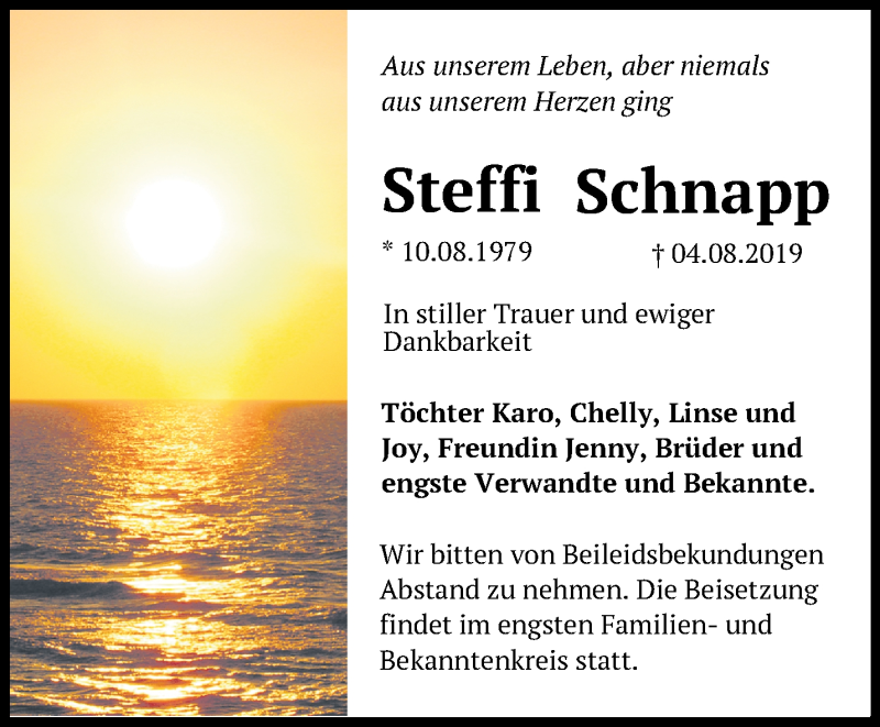  Traueranzeige für Steffi Schnapp vom 11.08.2019 aus Märkische Oderzeitung