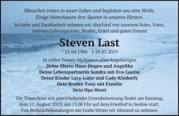 Traueranzeige von Steven Last von Märkische Oderzeitung