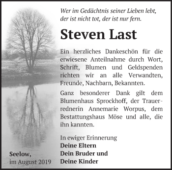 Traueranzeige von Steven Last von Märkische Oderzeitung