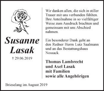 Traueranzeige von Susanne Lasak von Märkische Oderzeitung